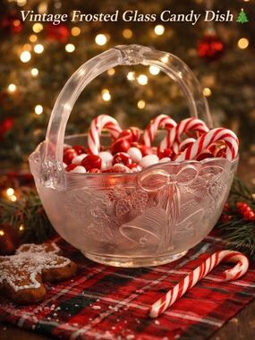 Frosted Glass Candy Dish w/ Handle Christmas Bells Pinecone Bow Serving Basket